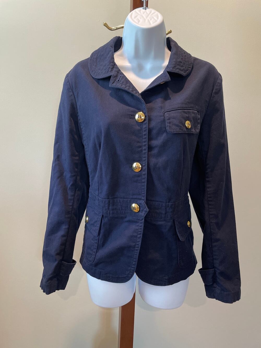Talbots Lightweight Cotton Jacket Size 10 Navy Blue Gold Button Detail